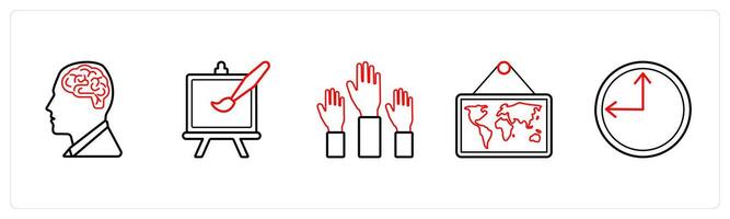 A set of 5 School icons as brain, drawing, raise hand in red line color vector