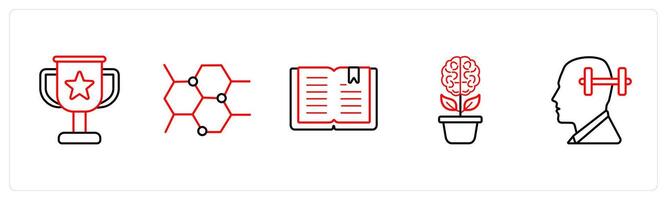 A set of 5 School icons as trophy, chemistry, book in red line color vector