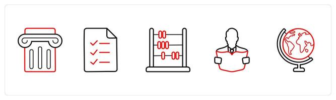 A set of 5 School icons as podium, examination, abacus in red line color vector
