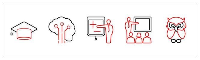 A set of 5 School icons as graduate, creative brain, lecture in red line color vector