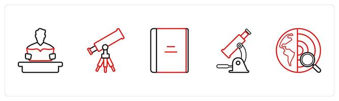 A set of 5 School icons as school, study, telescope in red line color vector