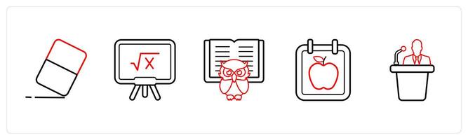 A set of 5 School icons as eraser, mathematics, smart class in red line color vector
