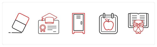 A set of 5 School icons as eraser, degree, locker in red line color vector