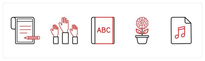 A set of 5 School icons as write, raise hand, alphabet in red line color vector