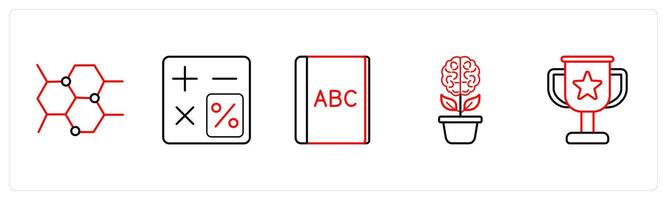 A set of 5 School icons as chemistry, calculator, alphabet in red line color vector
