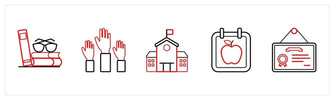 A set of 5 School icons as library, raise hand, school in red line color vector