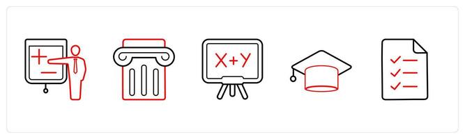 A set of 5 School icons as lecture, podium, mathematics in red line color vector