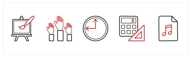 A set of 5 School icons as drawing, raise hand, time in red line color vector