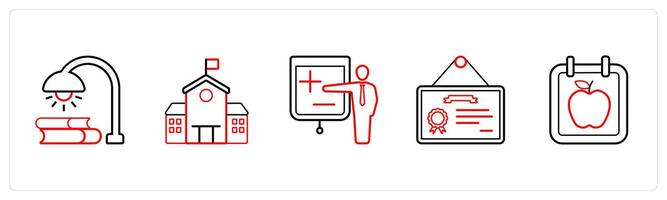A set of 5 School icons as homework, school, lecture in red line color vector
