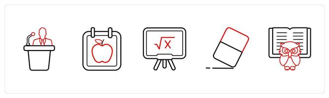A set of 5 School icons as speaker, education, mathematics in red line color vector