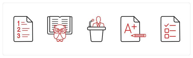 A set of 5 School icons as examination sheet, smart class in red line color vector