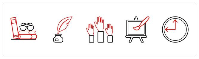 A set of 5 School icons as library, inkpot, raise hand in red line color vector