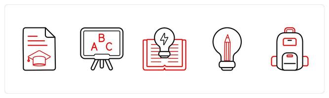 A set of 5 School icons as certificate, english class, creativity in red line color vector