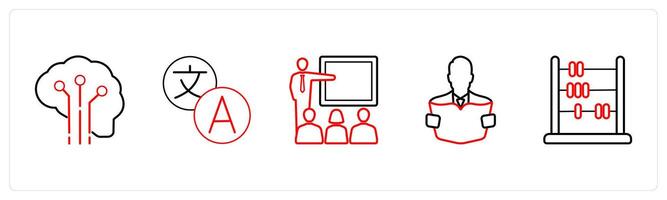 A set of 5 School icons as creative brain, courses, class in red line color vector