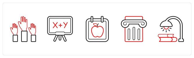 A set of 5 School icons as raise hand, mathematics, schedule in red line color vector