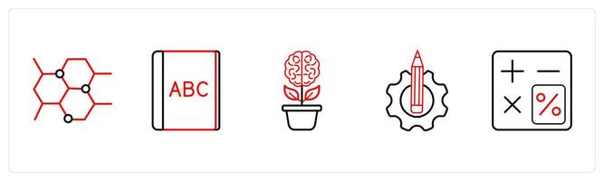 A set of 5 School icons as chemistry, alphabet, brain in red line color vector