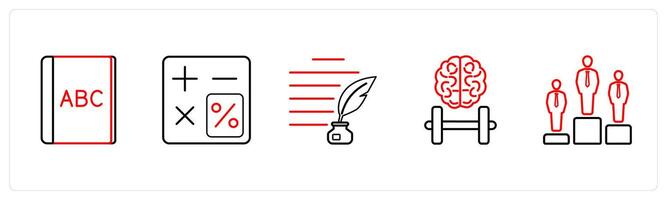 A set of 5 School icons as alphabet, calculator, authorship in red line color vector