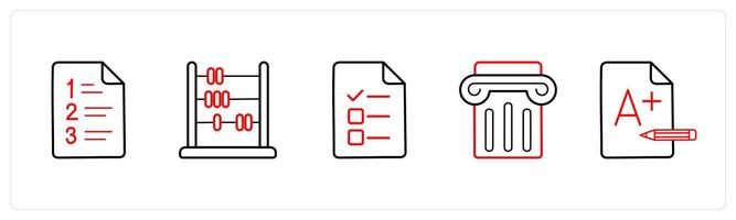 A set of 5 School icons as examination sheet, abacus, exam in red line color vector