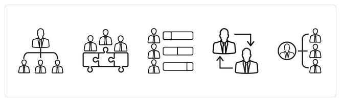 A set of 5 human resource icons such as hierarchy, strategy, ability in black line color vector