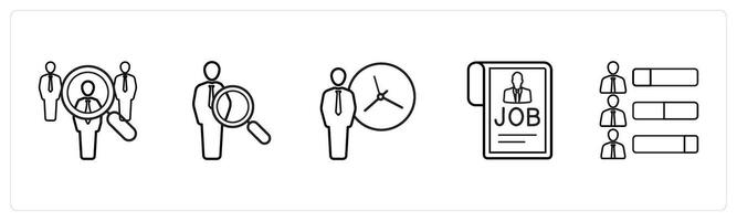 A set of 5 human resource icons such as job hunt, search employee in black line color vector