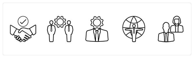 A set of 5 human resource icons such as partnership, management in black line color vector
