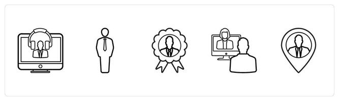 A set of 5 human resource icons such as listen music, consultant in black line color vector