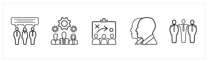 A set of 5 business icons such as communication, teamwork, strategy in black line color vector
