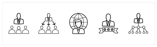 A set of 5 business icons such as group meeting, trainer in black line color vector
