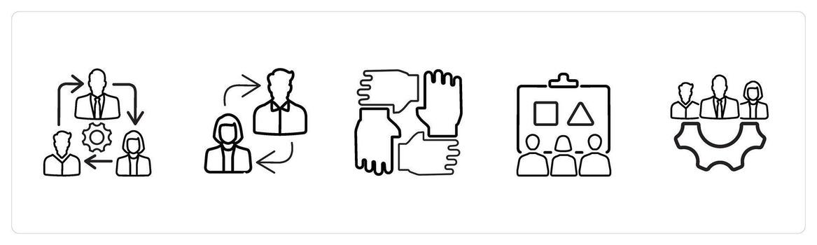 A set of 5 business icons such as teamwork, coordination in black line color vector