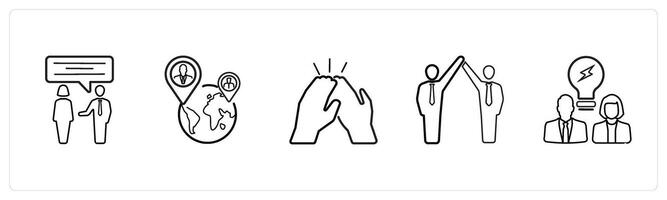 A set of 5 business icons such as communication, international team in black line color vector