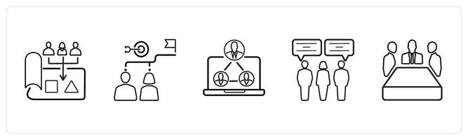 A set of 5 business icons such as project, target, mission in black line color vector
