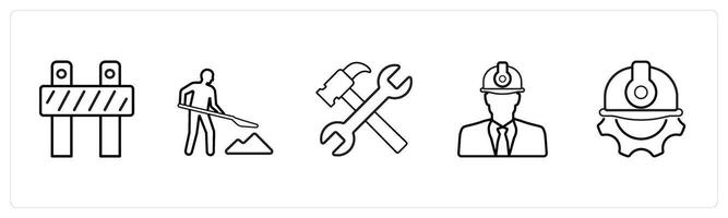 A set of 5 under maintenance icons such as under maintenance, work in progress in black line color vector