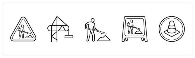 A set of 5 under maintenance icons such as under maintenance, crane in black line color vector
