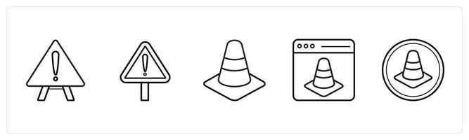 A set of 5 under maintenance icons such as alert notice, alert, warning in black line color vector