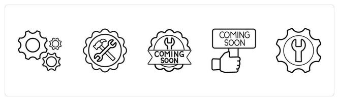 A set of 5 under maintenance icons such as settings, hand tools, gear in black line color vector