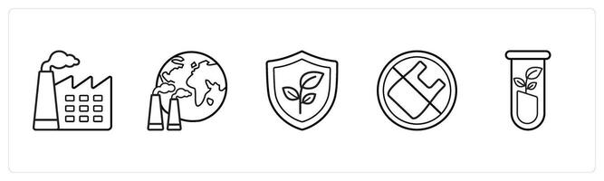 A set of 5 weather icons such as factory pollution, factory in black line color vector