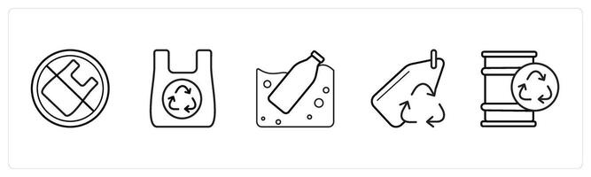 A set of 5 weather icons such as plastic prohibited, recycled bag in black line color vector