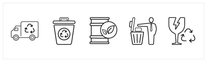 A set of 5 weather icons such as garbage van, bin in black line color vector