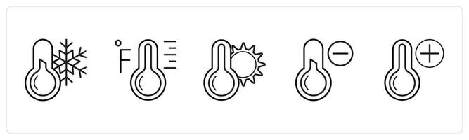 A set of 5 weather icons such as thermometer, fahrenheit in black line color vector