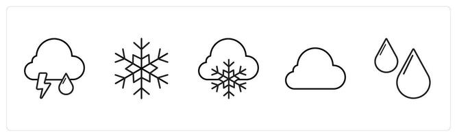 A set of 5 weather icons such as rain, winter, snow, cloud in black line color vector