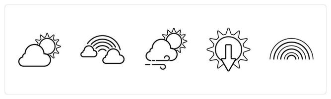 A set of 5 weather icons such as cloudy day, cloud rainbow in black line color vector