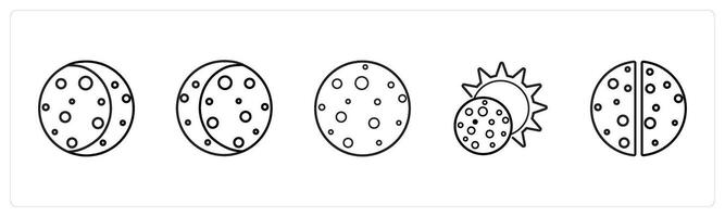 A set of 5 weather icons such as solar eclipse, lunar eclipse in black line color vector