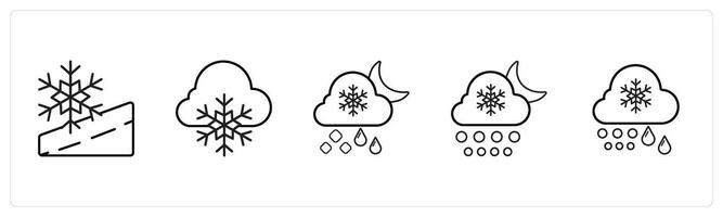 A set of 5 weather icons such as snow road, snow, snowfall in black line color vector