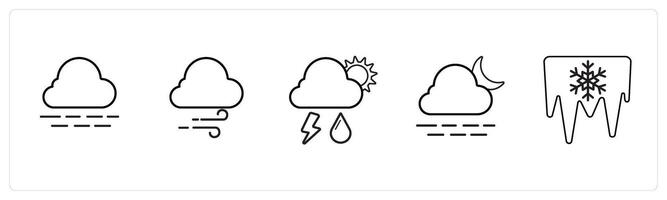 A set of 5 weather icons such as night, wind, storm in black line color vector