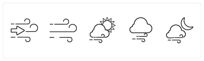 A set of 5 weather icons such as wind, air, windy day in black line color vector