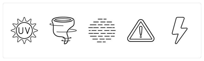 A set of 5 weather icons such as uv rays, hurricane, foggy in black line color vector
