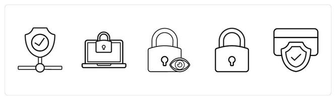 A set of 5 security icons such as firewall security, laptop security in black line color vector