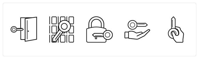 A set of 5 security icons such as door key, data, lock key in black line color vector