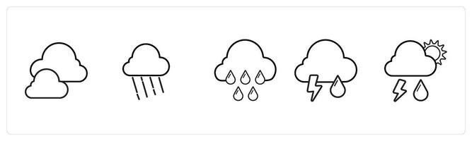 A set of 5 weather icons such as cloud, rainy cloud in black line color vector