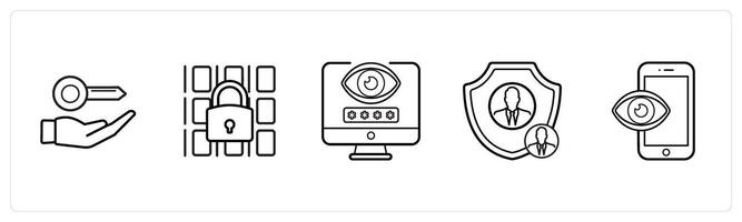A set of 5 security icons such as access key, data security in black line color vector